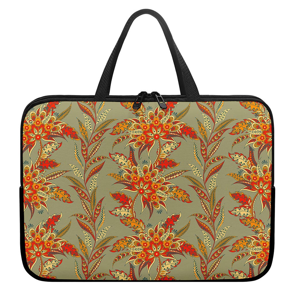 Vintage Orange Bohemian Floral Print Laptop Sleeve With Handle