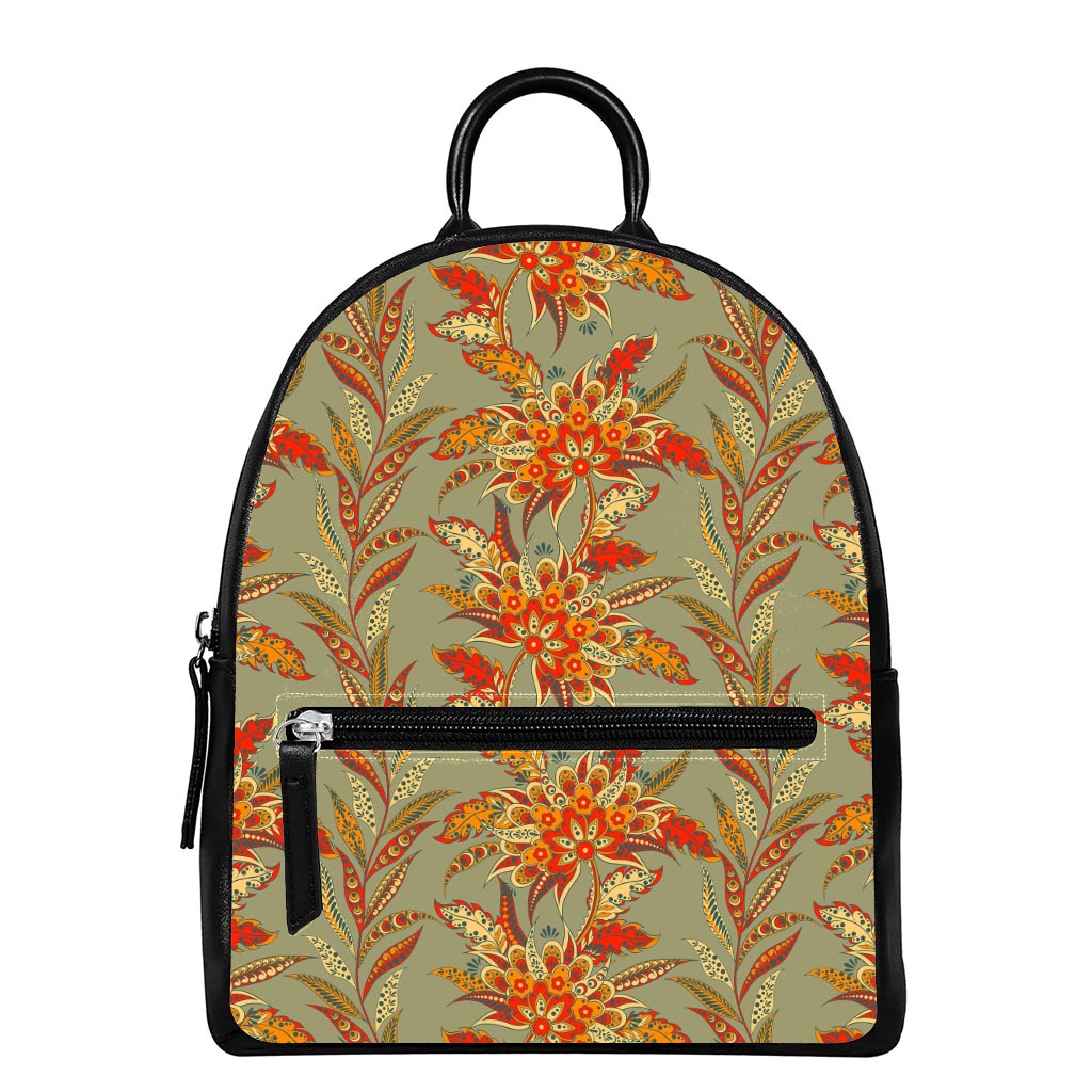 Vintage Orange Bohemian Floral Print Leather Backpack
