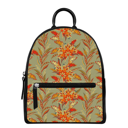 Vintage Orange Bohemian Floral Print Leather Backpack