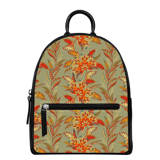 Vintage Orange Bohemian Floral Print Leather Backpack