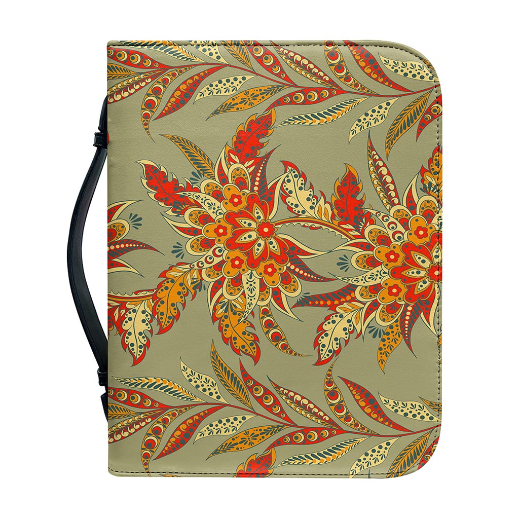 Vintage Orange Bohemian Floral Print Leather Bible Cover