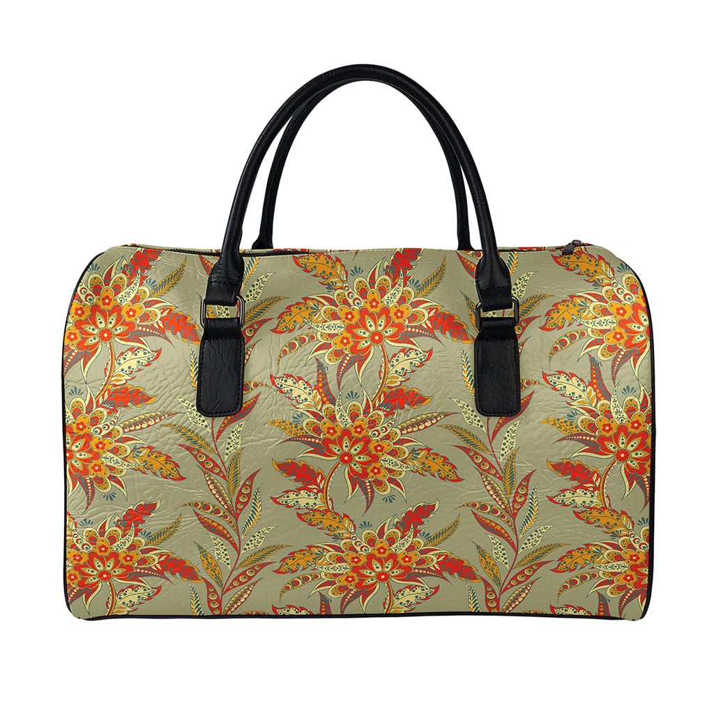 Vintage Orange Bohemian Floral Print Leather Duffle Bag