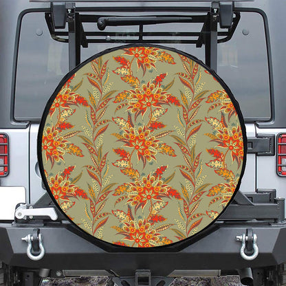 Vintage Orange Bohemian Floral Print Leather Spare Tire Cover
