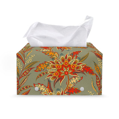Vintage Orange Bohemian Floral Print Leather Tissue Box Cover