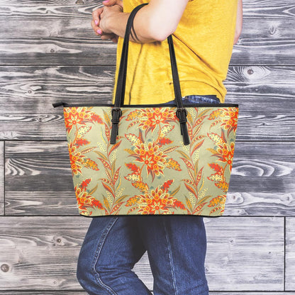 Vintage Orange Bohemian Floral Print Leather Tote Bag