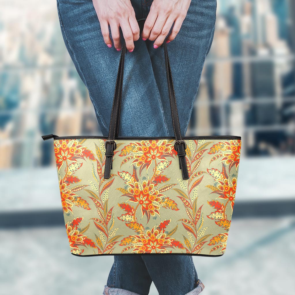 Vintage Orange Bohemian Floral Print Leather Tote Bag