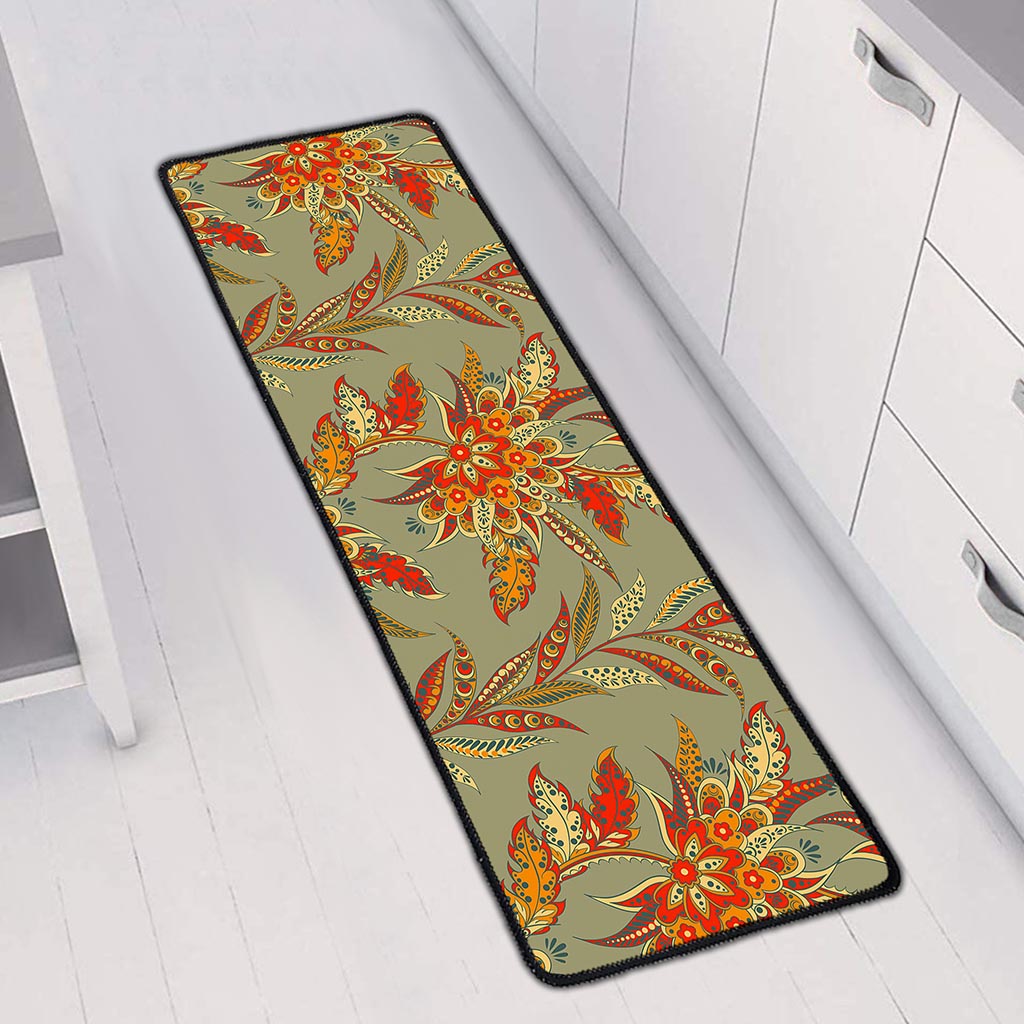 Vintage Orange Bohemian Floral Print Long Kitchen Mat