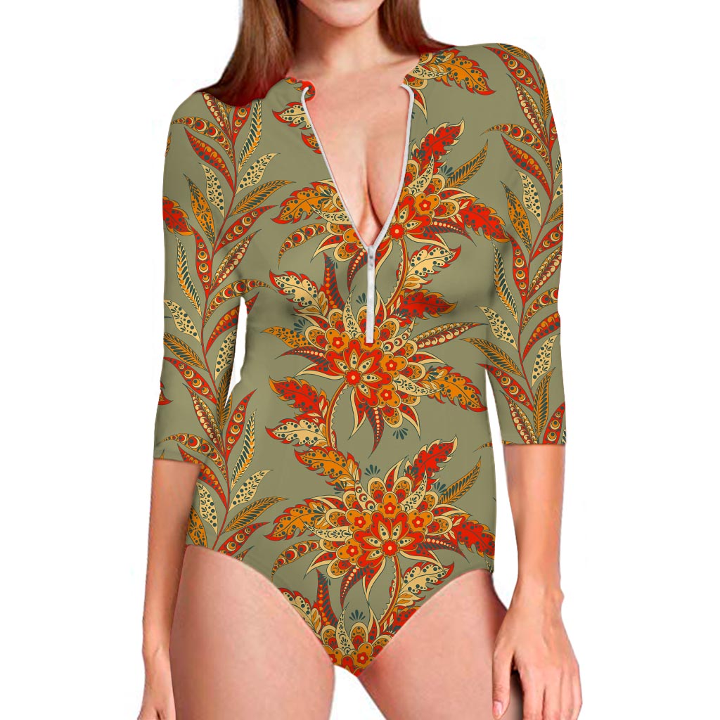 Vintage Orange Bohemian Floral Print Long Sleeve Swimsuit