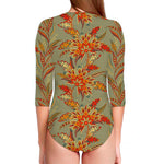 Vintage Orange Bohemian Floral Print Long Sleeve Swimsuit