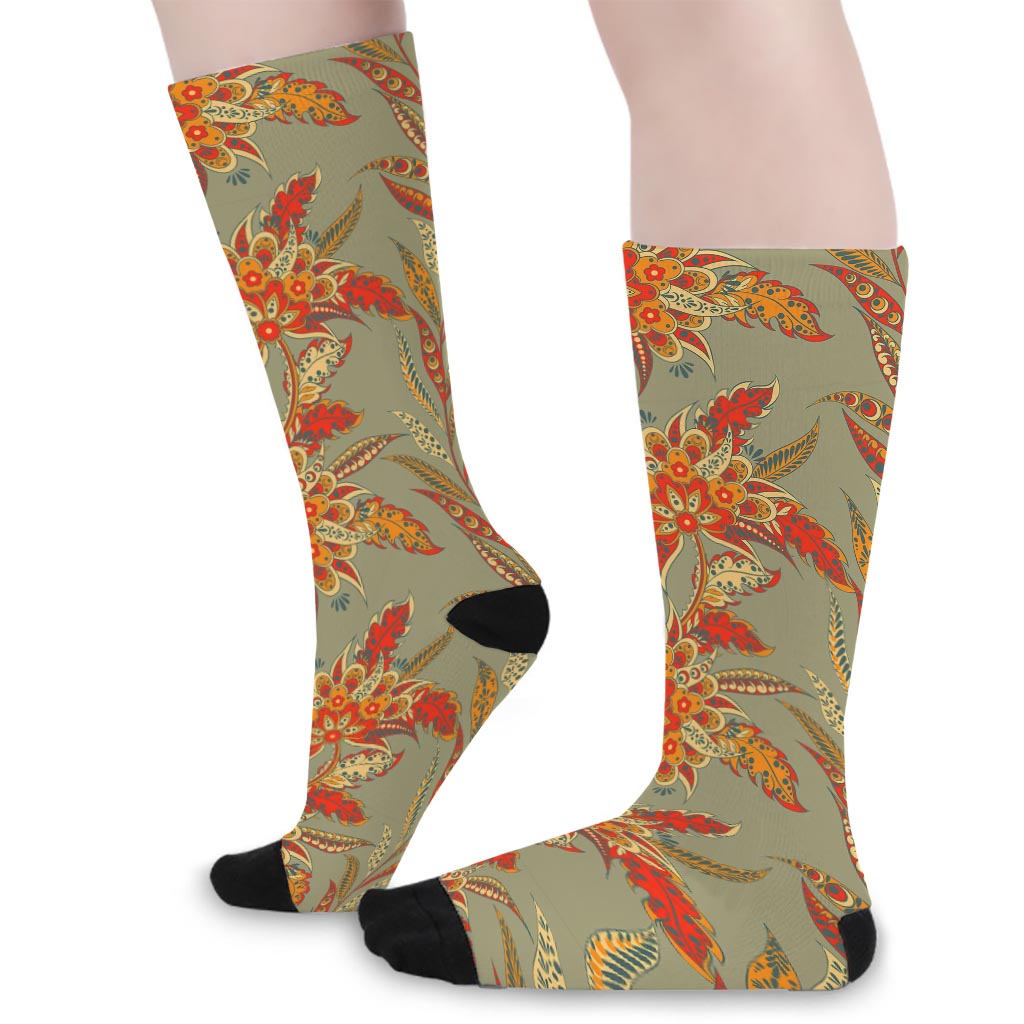 Vintage Orange Bohemian Floral Print Long Socks