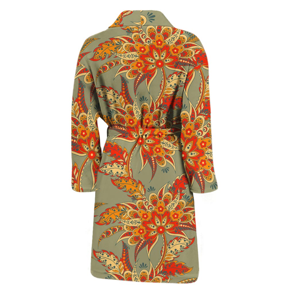 Vintage Orange Bohemian Floral Print Men's Bathrobe