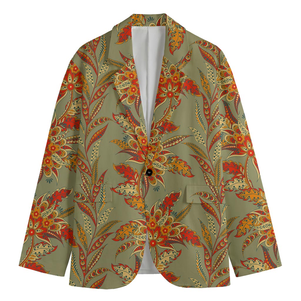 Vintage Orange Bohemian Floral Print Men's Blazer