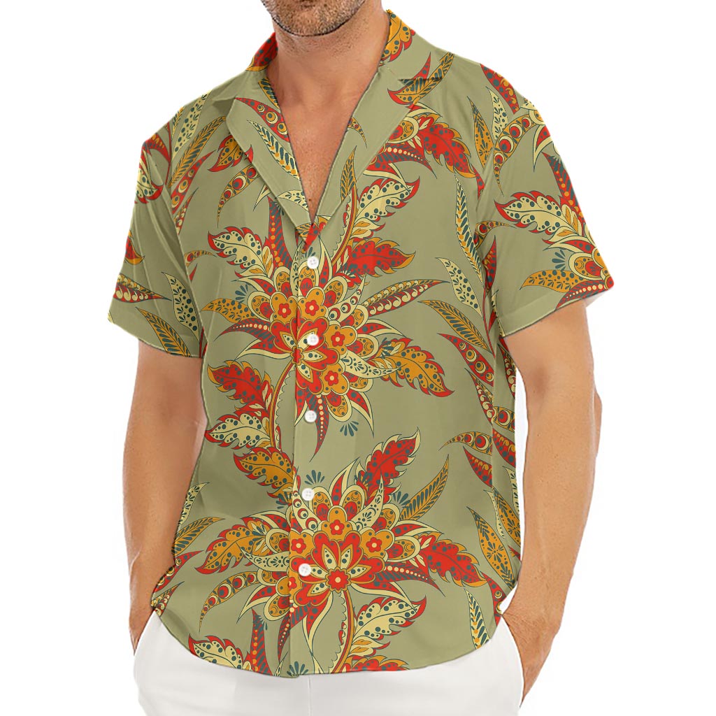 Vintage Orange Bohemian Floral Print Men's Deep V-Neck Shirt