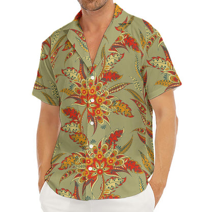 Vintage Orange Bohemian Floral Print Men's Deep V-Neck Shirt