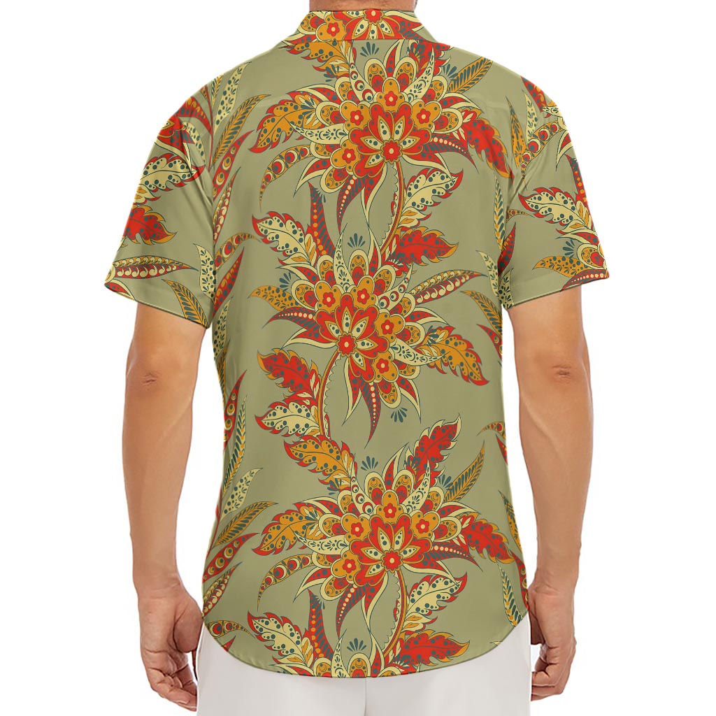Vintage Orange Bohemian Floral Print Men's Deep V-Neck Shirt