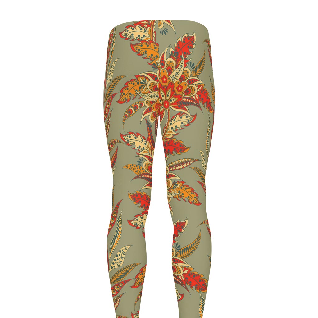 Vintage Orange Bohemian Floral Print Men's leggings