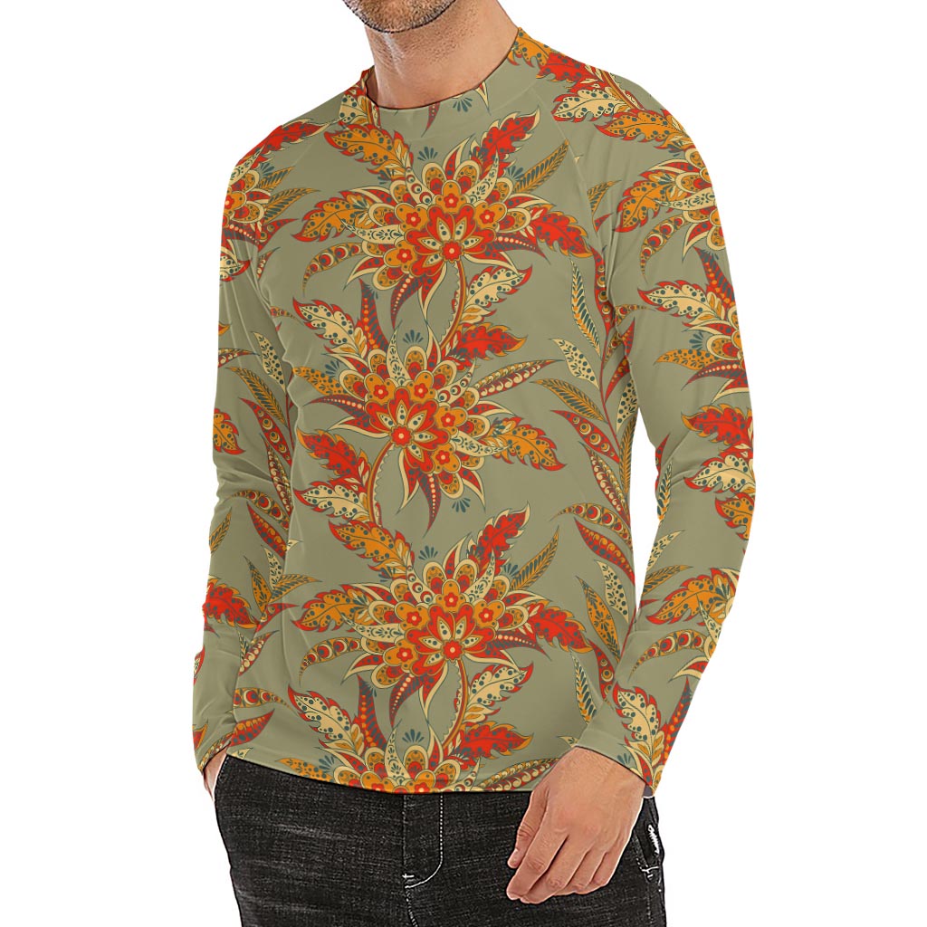 Vintage Orange Bohemian Floral Print Men's Long Sleeve Rash Guard