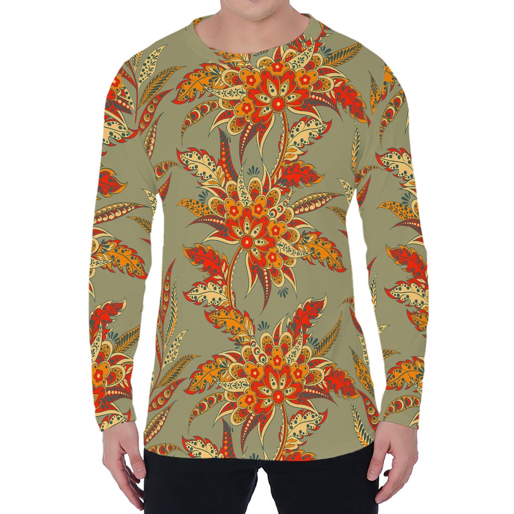 Vintage Orange Bohemian Floral Print Men's Long Sleeve T-Shirt