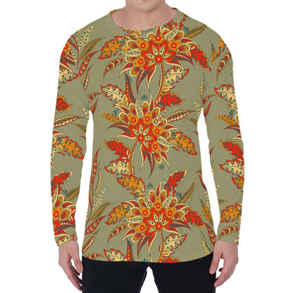 Vintage Orange Bohemian Floral Print Men's Long Sleeve T-Shirt