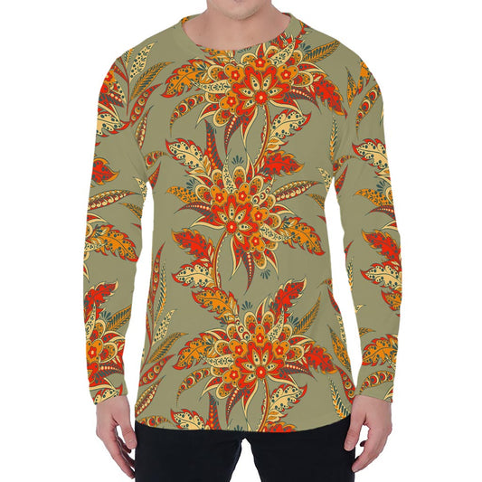 Vintage Orange Bohemian Floral Print Men's Long Sleeve T-Shirt