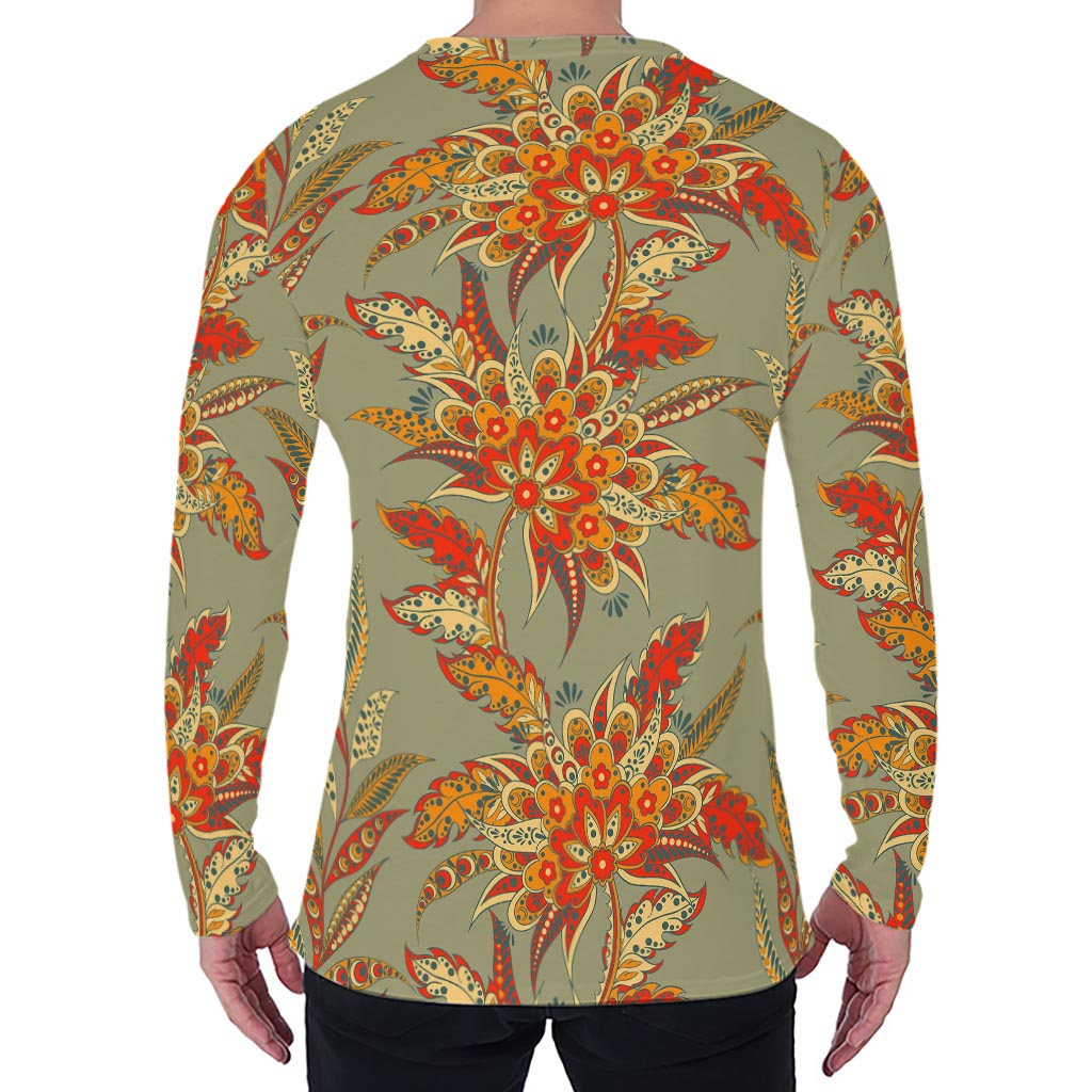 Vintage Orange Bohemian Floral Print Men's Long Sleeve T-Shirt