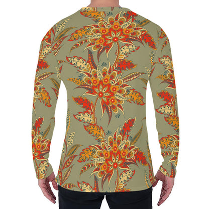 Vintage Orange Bohemian Floral Print Men's Long Sleeve T-Shirt
