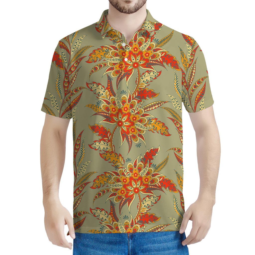 Vintage Orange Bohemian Floral Print Men's Polo Shirt