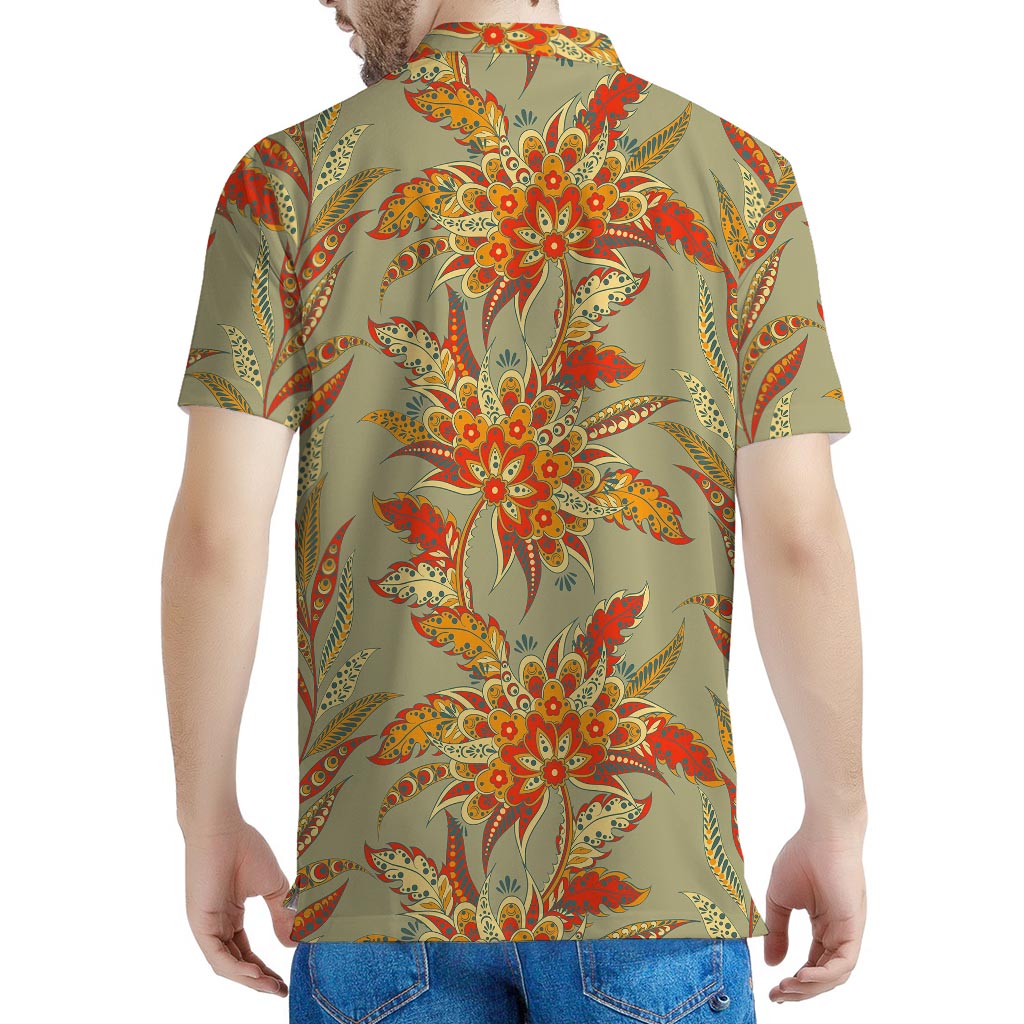 Vintage Orange Bohemian Floral Print Men's Polo Shirt