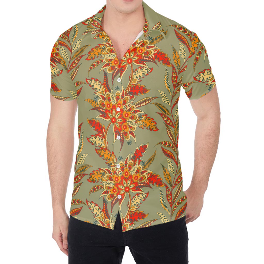 Vintage Orange Bohemian Floral Print Men's Shirt