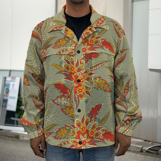 Vintage Orange Bohemian Floral Print Men's Shirt Jacket