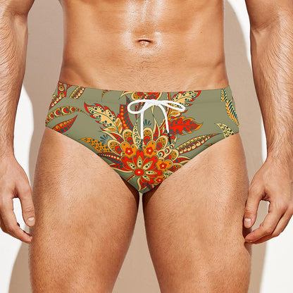 Vintage Orange Bohemian Floral Print Men's Swim Briefs