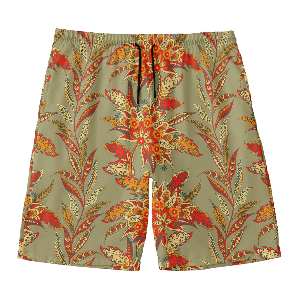 Vintage Orange Bohemian Floral Print Men's Swim Trunks