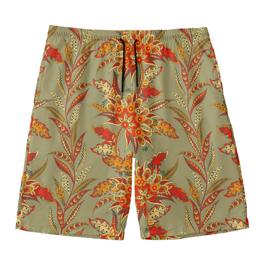 Vintage Orange Bohemian Floral Print Men's Swim Trunks