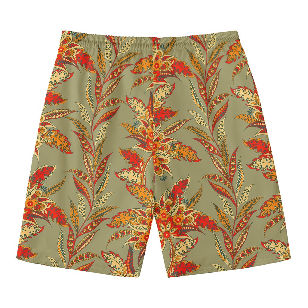 Vintage Orange Bohemian Floral Print Men's Swim Trunks