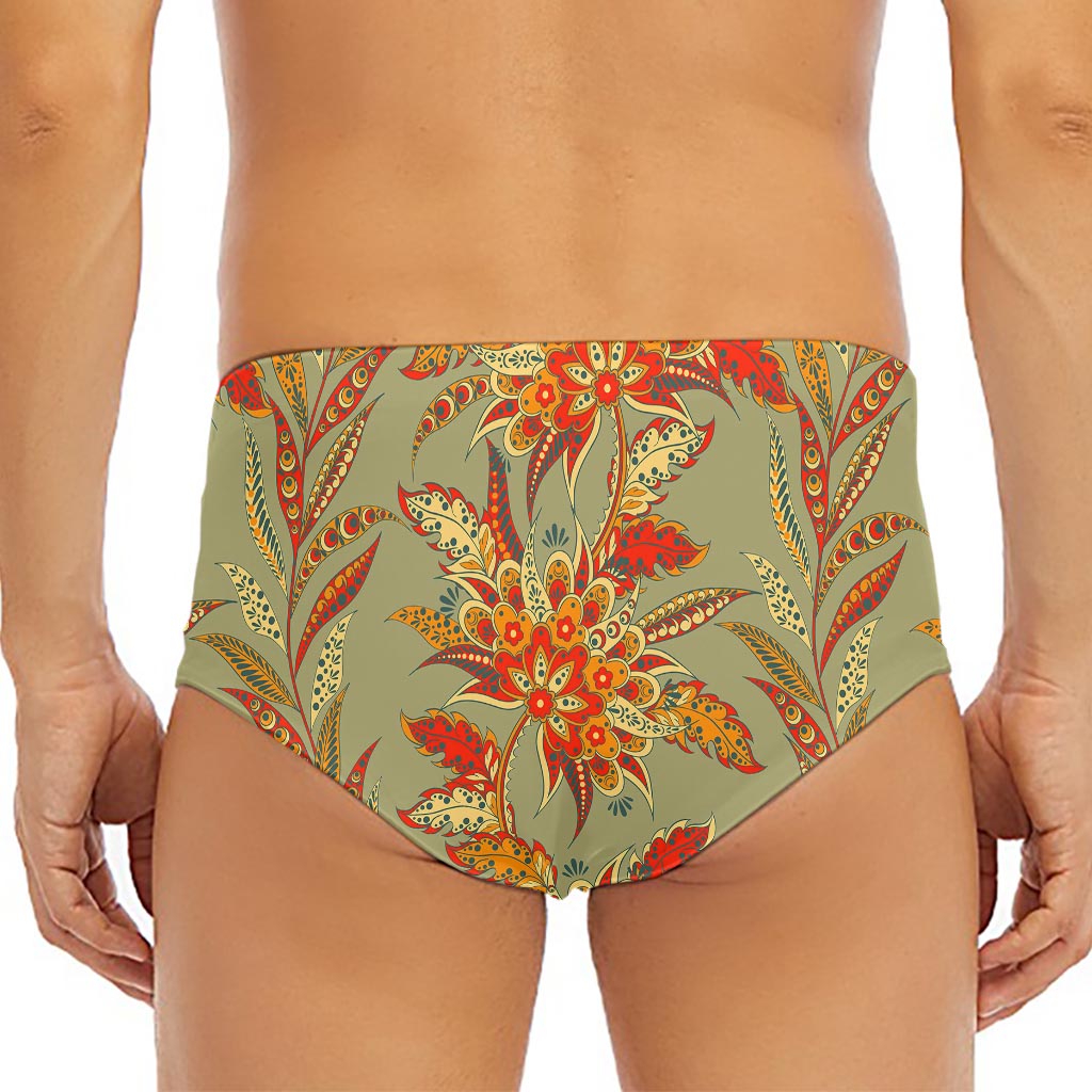 Vintage Orange Bohemian Floral Print Men's Triangle Swim Briefs
