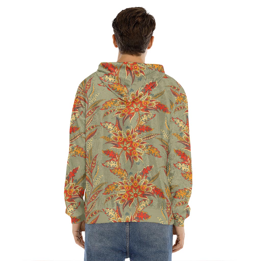 Vintage Orange Bohemian Floral Print Men's Velvet Pullover Hoodie