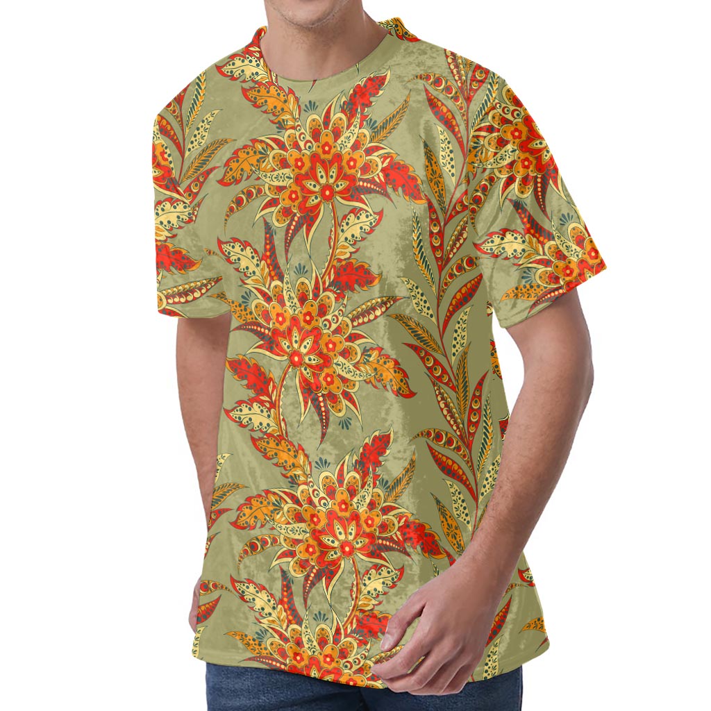 Vintage Orange Bohemian Floral Print Men's Velvet T-Shirt