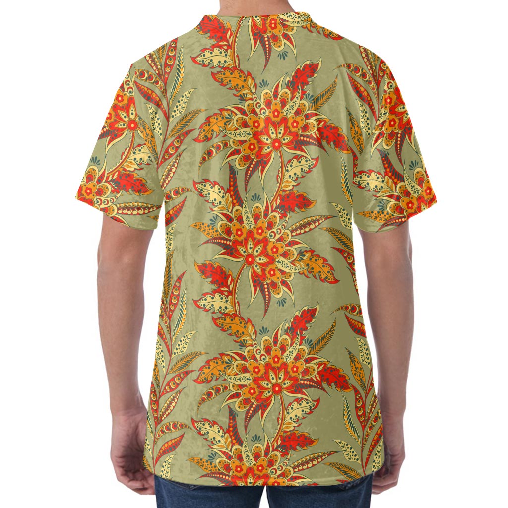 Vintage Orange Bohemian Floral Print Men's Velvet T-Shirt