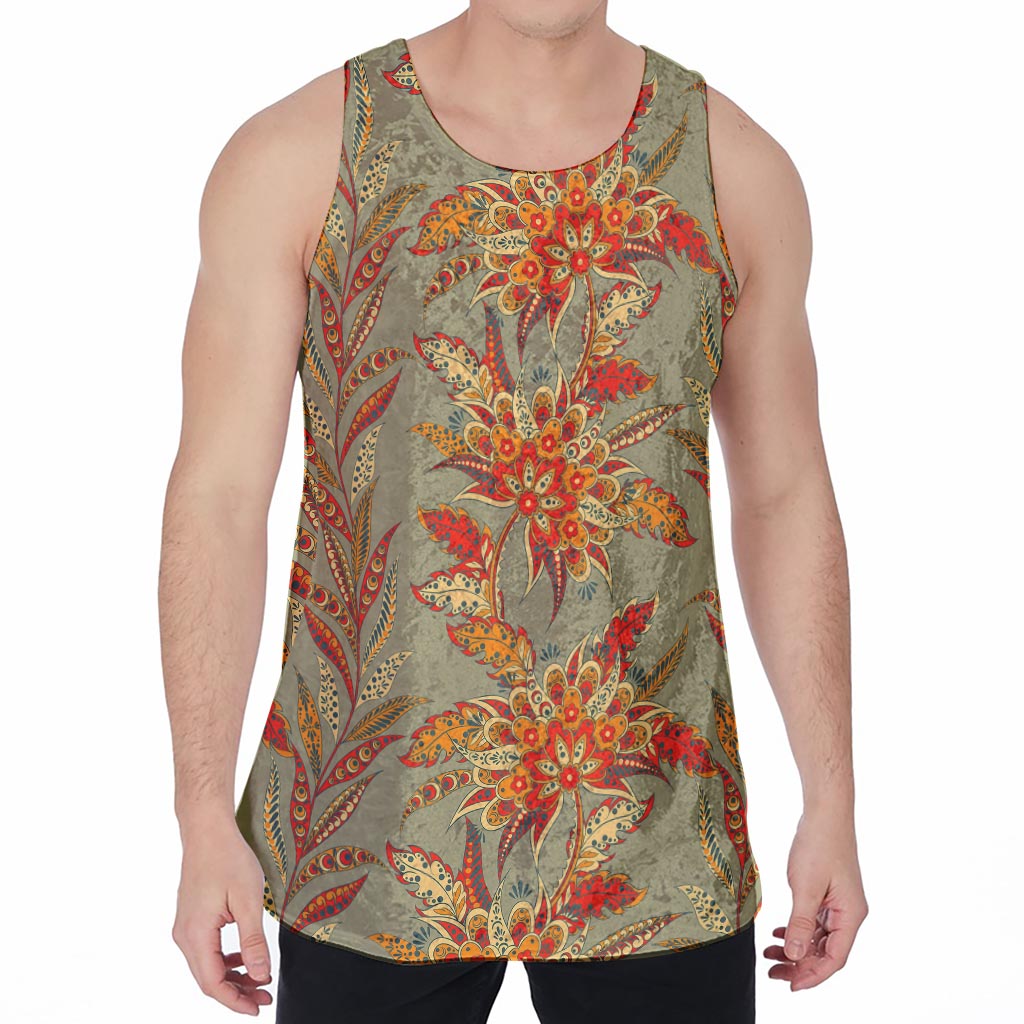 Vintage Orange Bohemian Floral Print Men's Velvet Tank Top