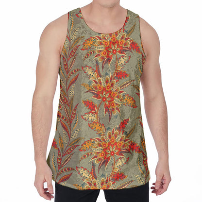 Vintage Orange Bohemian Floral Print Men's Velvet Tank Top
