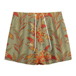 Vintage Orange Bohemian Floral Print Mesh Shorts