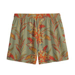 Vintage Orange Bohemian Floral Print Mesh Shorts