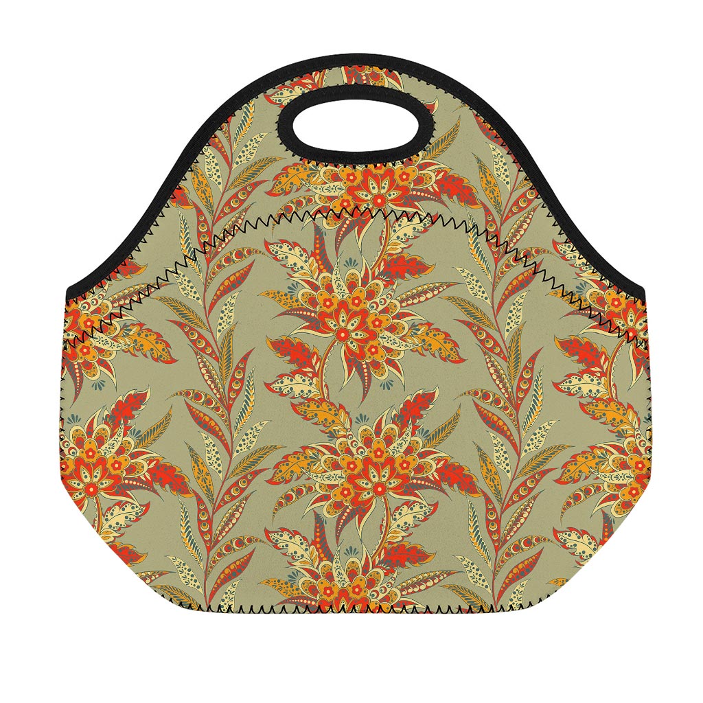 Vintage Orange Bohemian Floral Print Neoprene Lunch Bag