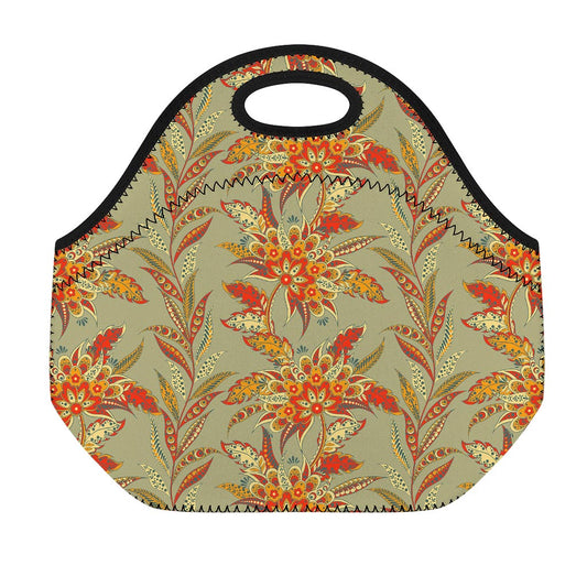Vintage Orange Bohemian Floral Print Neoprene Lunch Bag
