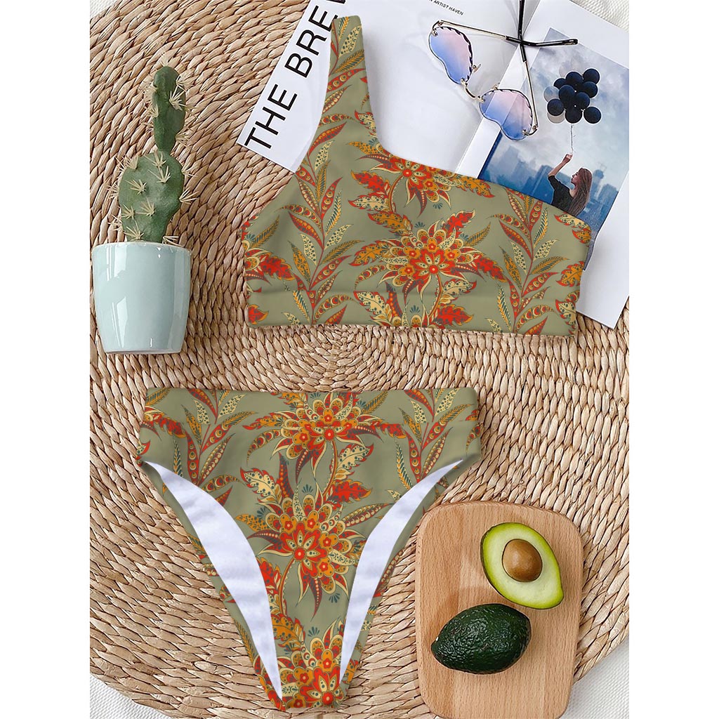 Vintage Orange Bohemian Floral Print One Shoulder Bikini Top