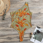 Vintage Orange Bohemian Floral Print One Shoulder Bodysuit