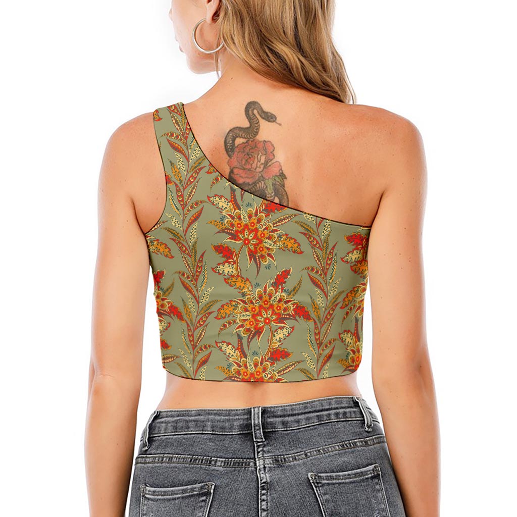 Vintage Orange Bohemian Floral Print One Shoulder Crop Top