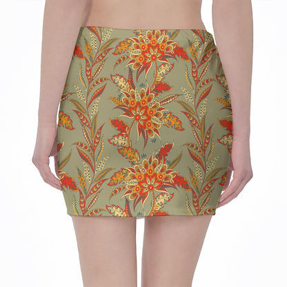 Vintage Orange Bohemian Floral Print Pencil Mini Skirt