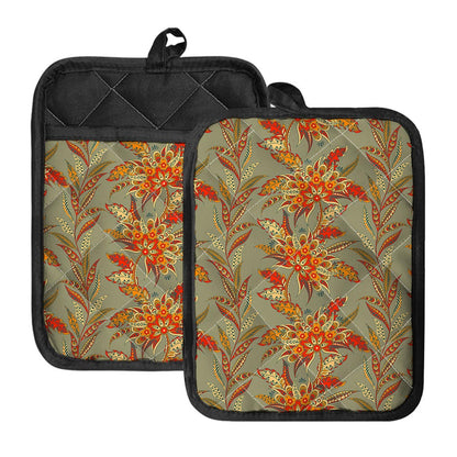 Vintage Orange Bohemian Floral Print Pot Holders With Pocket