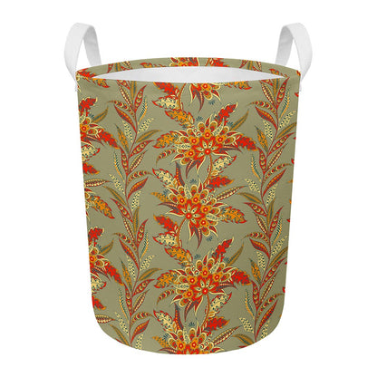 Vintage Orange Bohemian Floral Print Round Laundry Basket